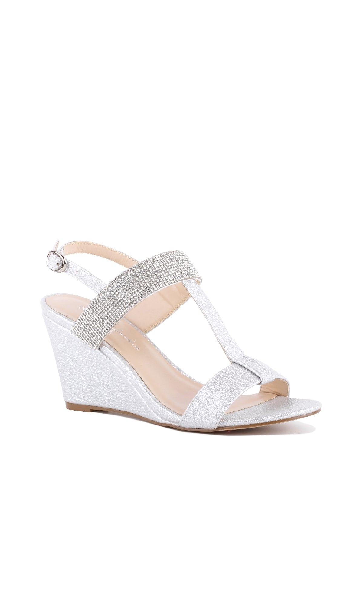 The Jacey Silver Shimmer Print Prom Shoes (Paradox London P1920) feature jeweled straps, an ankle strap, open toe, and an embellished upper—perfect chic silver prom shoes—shown against a white background.